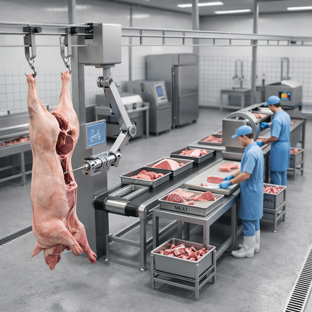 Workers cutting and sorting meat on conveyor belt with automated machinery.